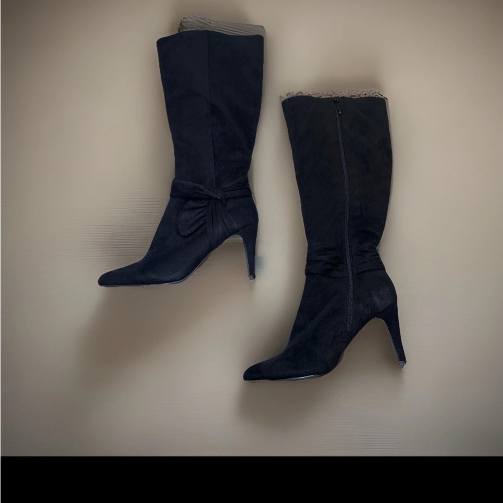 Elegant Faux Suede Black Heeled Boots